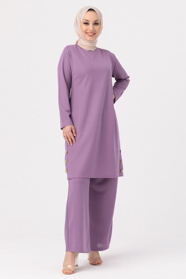 Düz Bisiklet Yaka Kadın Lila TUNIK PANTOLON - 3516 LİLA