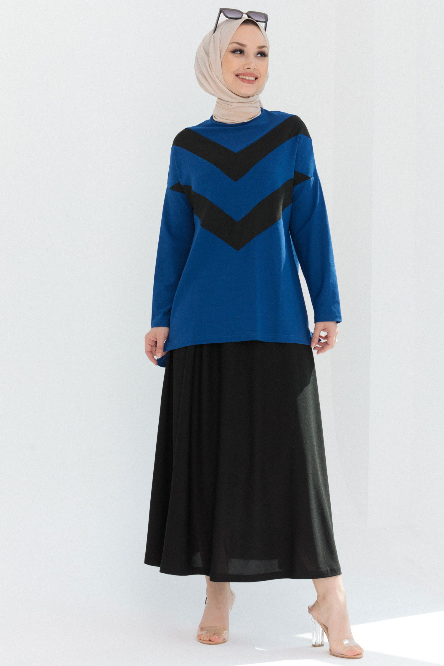 Düz Orta Kadın Mavi Bluz Etek SAKS - 3766 - 3766 MAVİ