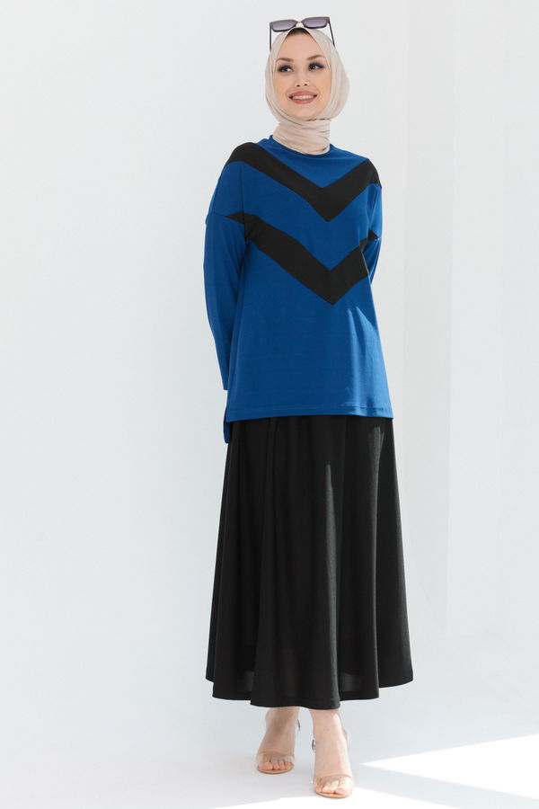 Düz Orta Kadın Mavi Bluz Etek SAKS - 3766 - 3766 MAVİ