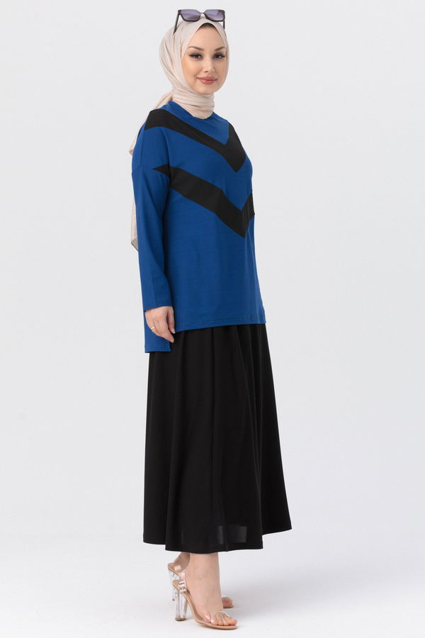 Düz Orta Kadın Mavi Bluz Etek SAKS - 3766 - 3766 MAVİ