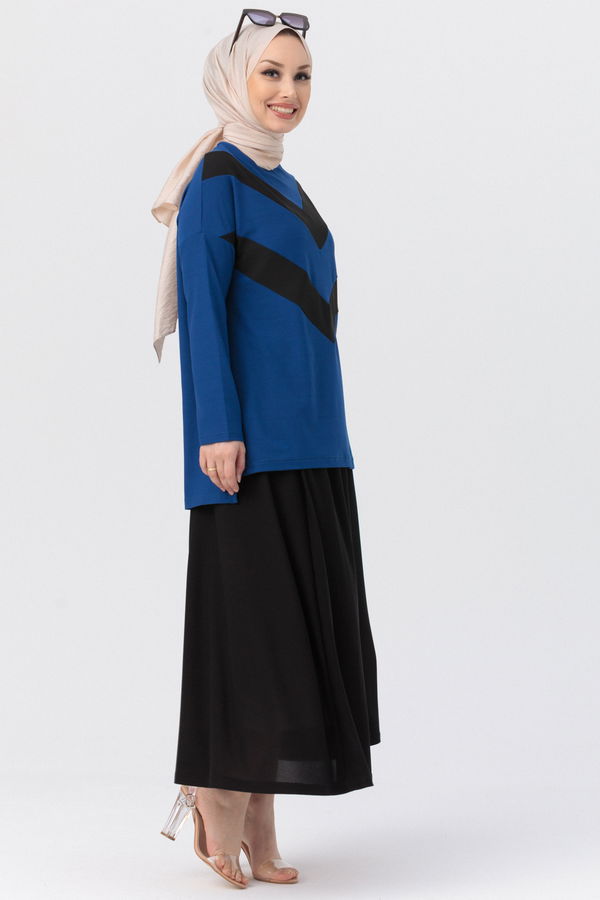 Düz Orta Kadın Mavi Bluz Etek SAKS - 3766 - 3766 MAVİ