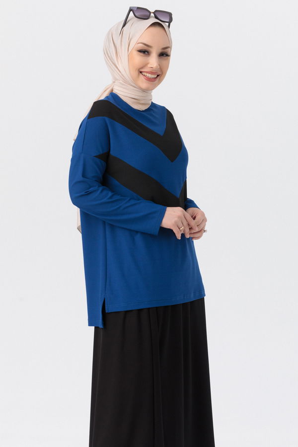 Düz Orta Kadın Mavi Bluz Etek SAKS - 3766 - 3766 MAVİ