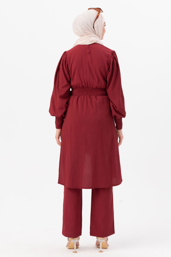 Düz Bisiklet Yaka Kadın Bordo Tunik Pantolon - 3982