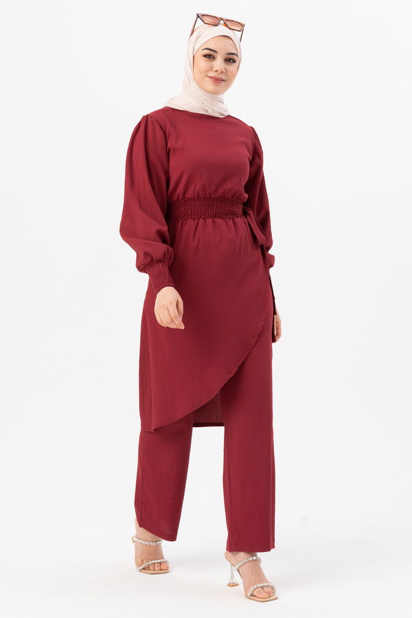 Düz Bisiklet Yaka Kadın Bordo Tunik Pantolon - 3982