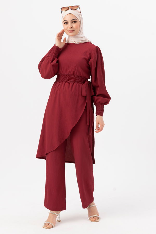 Düz Bisiklet Yaka Kadın Bordo Tunik Pantolon - 3982