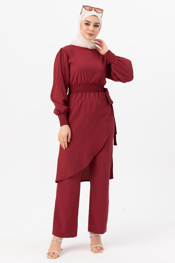 Düz Bisiklet Yaka Kadın Bordo Tunik Pantolon - 3982