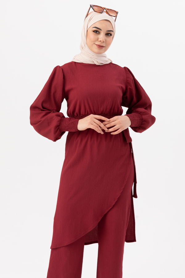 Düz Bisiklet Yaka Kadın Bordo Tunik Pantolon - 3982