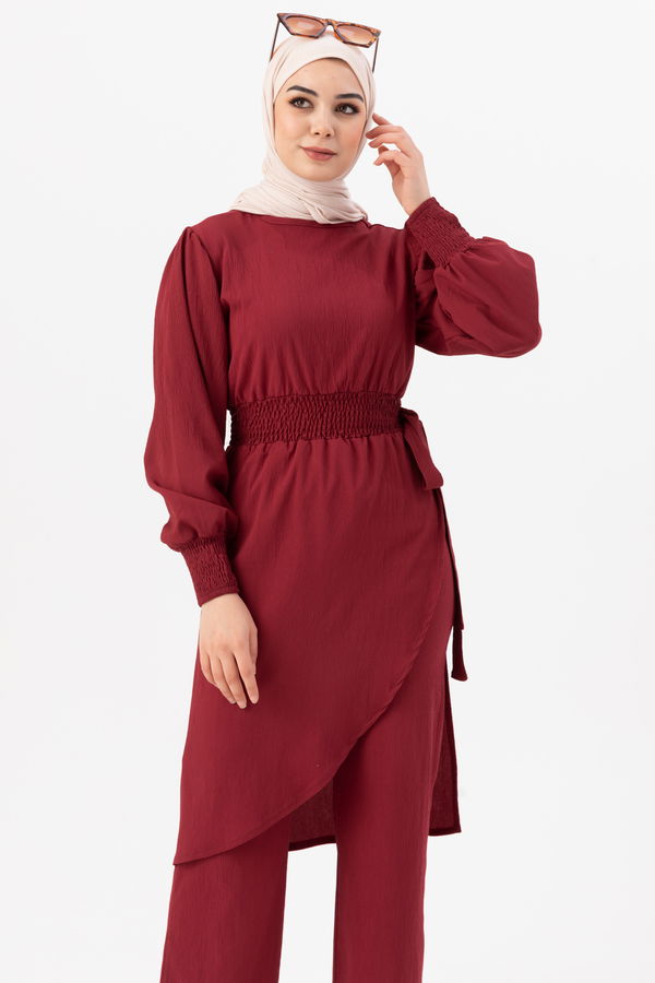 Düz Bisiklet Yaka Kadın Bordo Tunik Pantolon - 3982