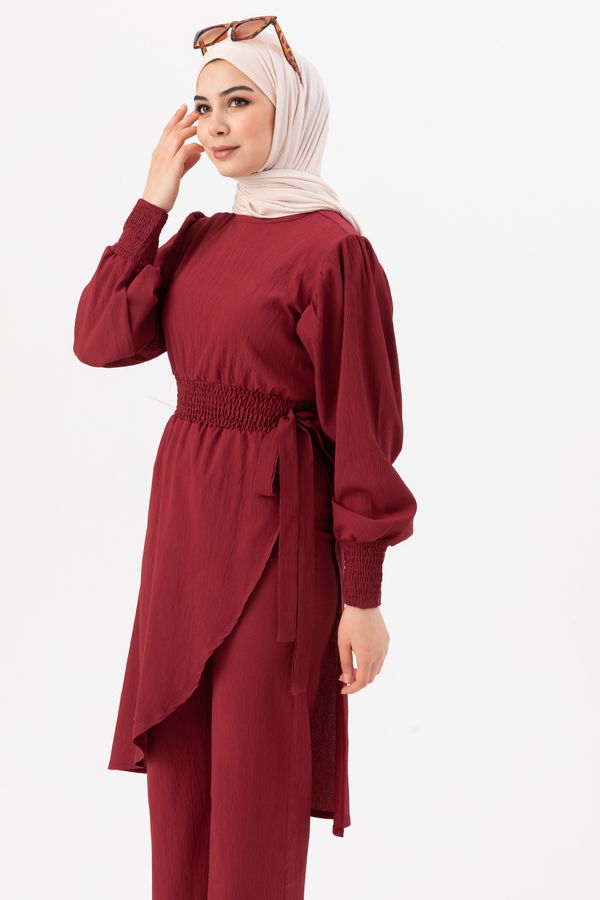 Düz Bisiklet Yaka Kadın Bordo Tunik Pantolon - 3982