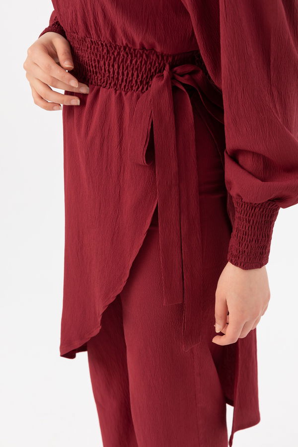 Düz Bisiklet Yaka Kadın Bordo Tunik Pantolon - 3982