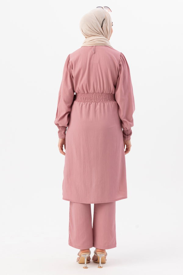 Düz Bisiklet Yaka Kadın Pembe Tunik Pantolon - 3982 PEMBE