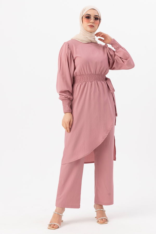 Düz Bisiklet Yaka Kadın Pembe Tunik Pantolon - 3982 PEMBE