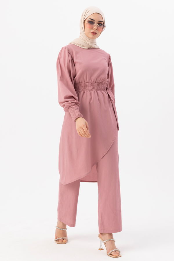 Düz Bisiklet Yaka Kadın Pembe Tunik Pantolon - 3982 PEMBE