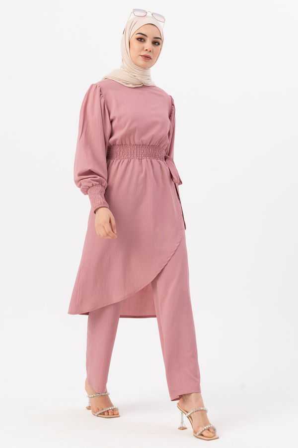 Düz Bisiklet Yaka Kadın Pembe Tunik Pantolon - 3982 PEMBE