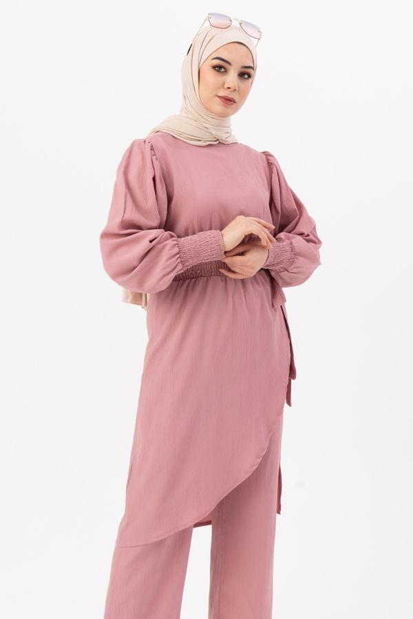Düz Bisiklet Yaka Kadın Pembe Tunik Pantolon - 3982 PEMBE