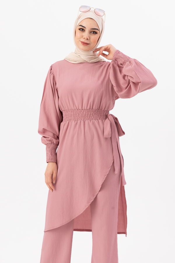 Düz Bisiklet Yaka Kadın Pembe Tunik Pantolon - 3982 PEMBE