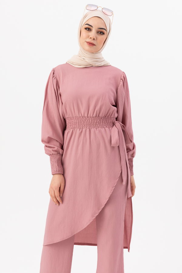 Düz Bisiklet Yaka Kadın Pembe Tunik Pantolon - 3982 PEMBE