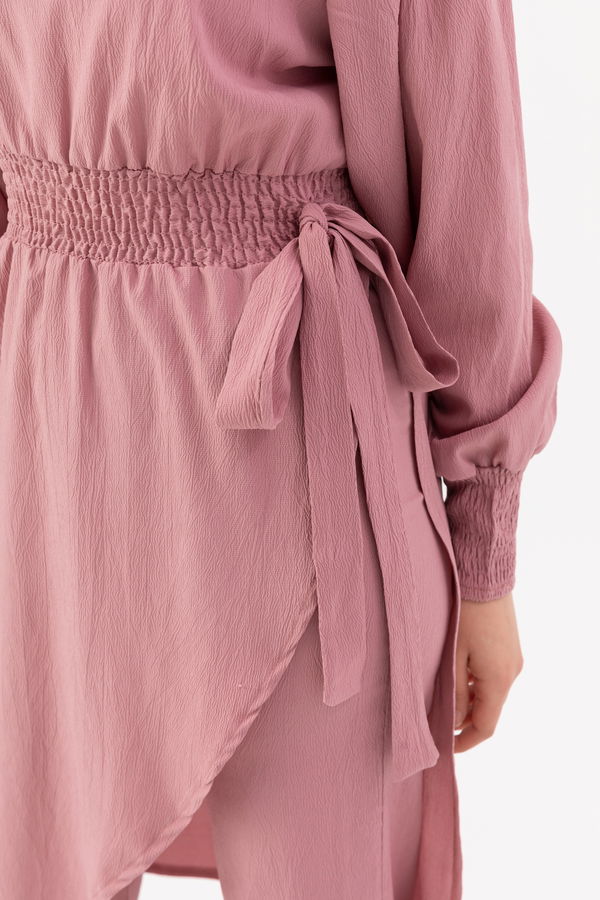 Düz Bisiklet Yaka Kadın Pembe Tunik Pantolon - 3982 PEMBE