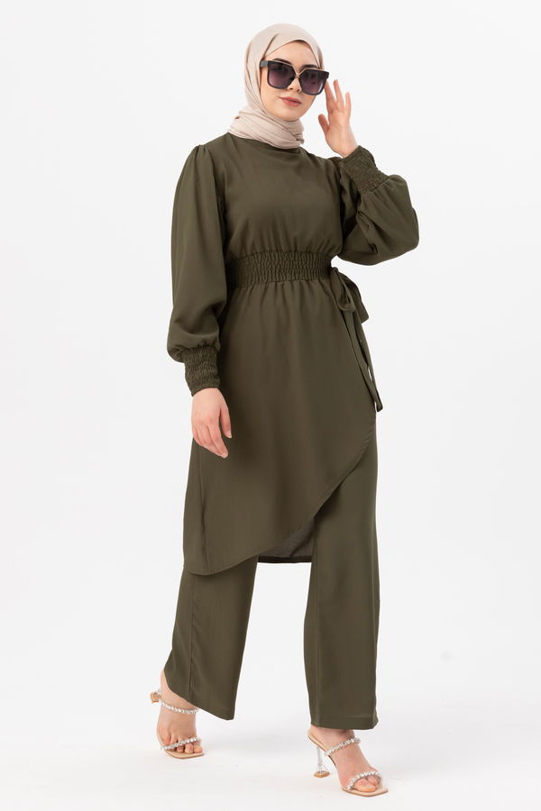 Düz Bisiklet Yaka Kadın Haki Tunik Pantolon - 3982 HAKİ