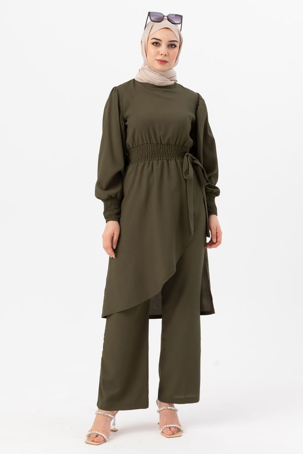 Düz Bisiklet Yaka Kadın Haki Tunik Pantolon - 3982 HAKİ