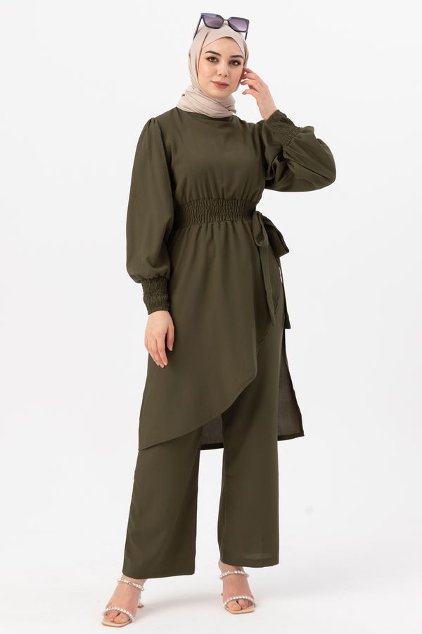 Düz Bisiklet Yaka Kadın Haki Tunik Pantolon - 3982 HAKİ
