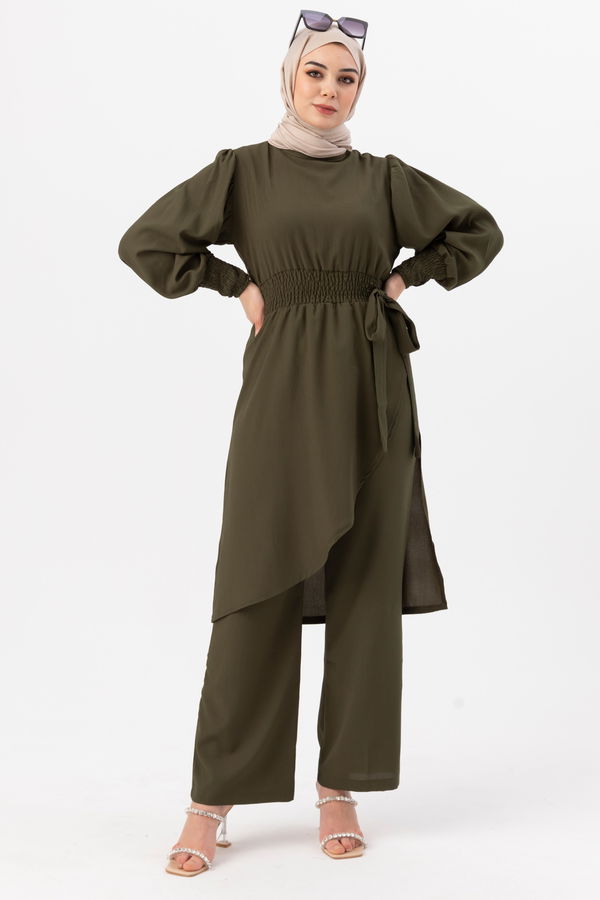 Düz Bisiklet Yaka Kadın Haki Tunik Pantolon - 3982 HAKİ