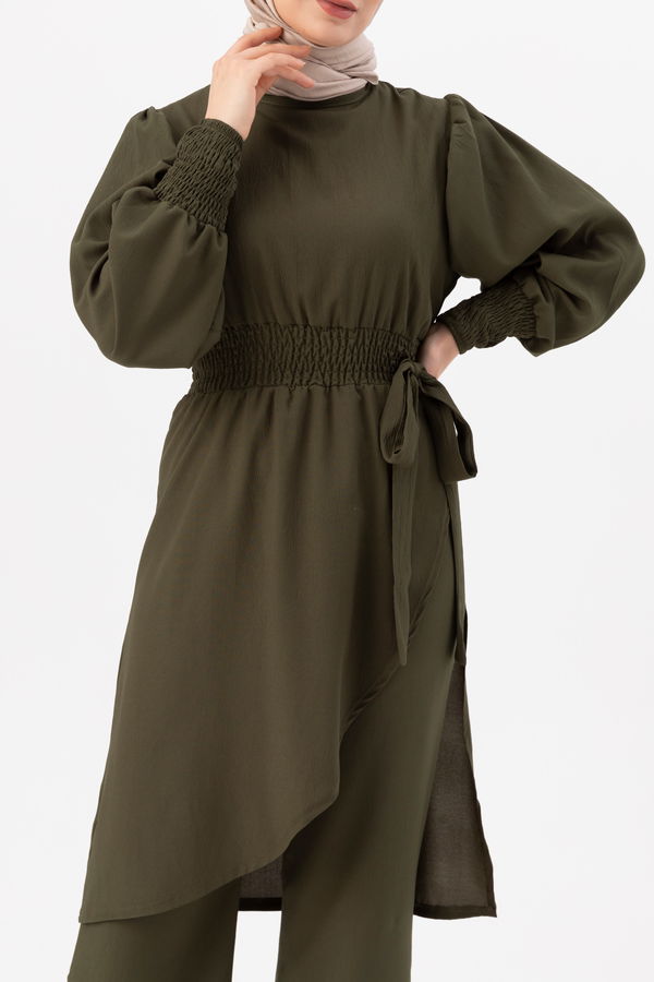 Düz Bisiklet Yaka Kadın Haki Tunik Pantolon - 3982 HAKİ