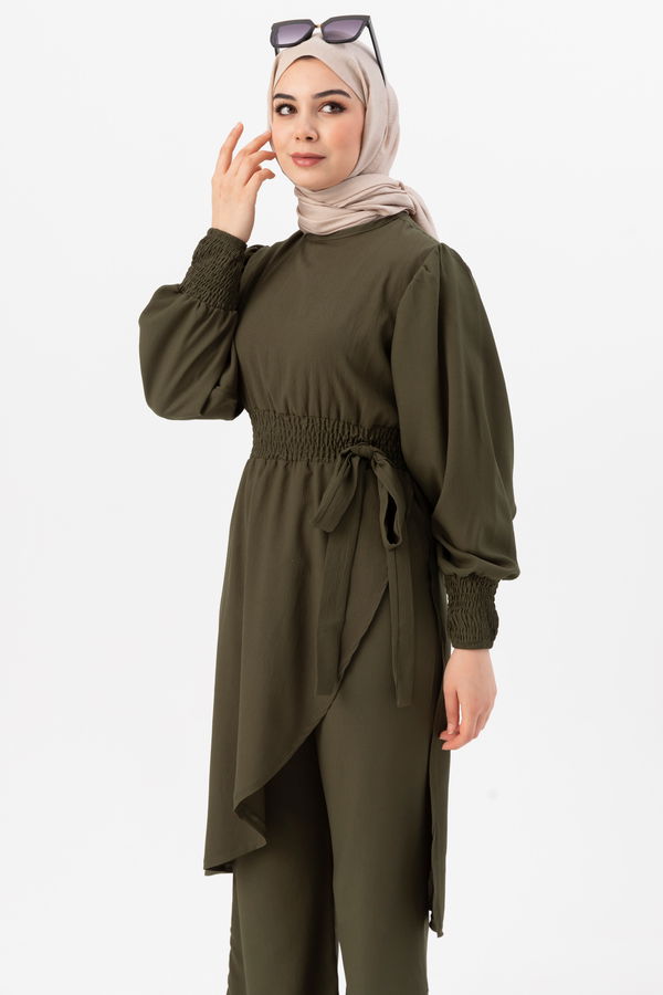 Düz Bisiklet Yaka Kadın Haki Tunik Pantolon - 3982 HAKİ
