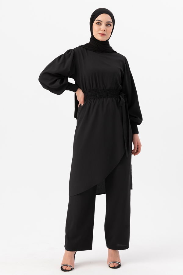 Düz Bisiklet Yaka Kadın Siyah Tunik Pantolon - 3982