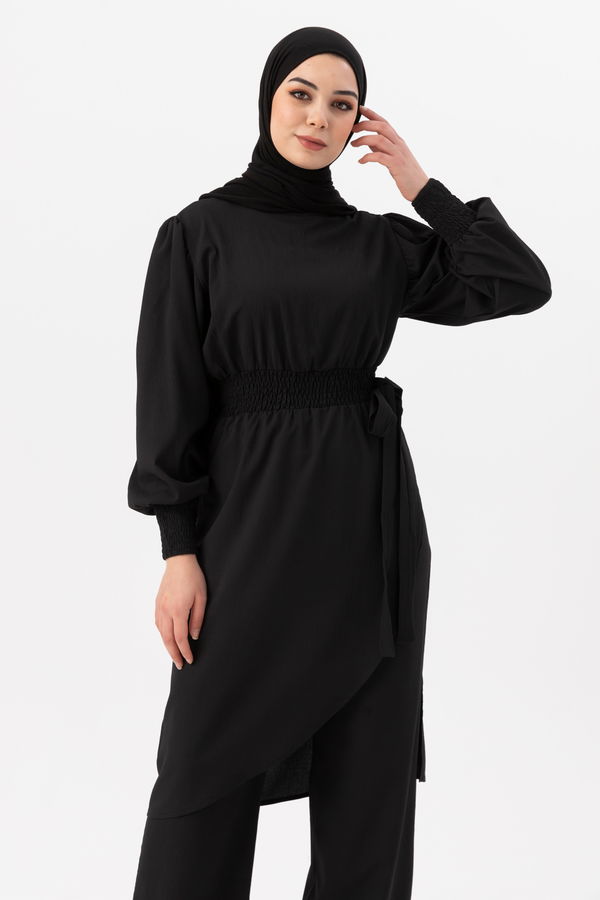 Düz Bisiklet Yaka Kadın Siyah Tunik Pantolon - 3982