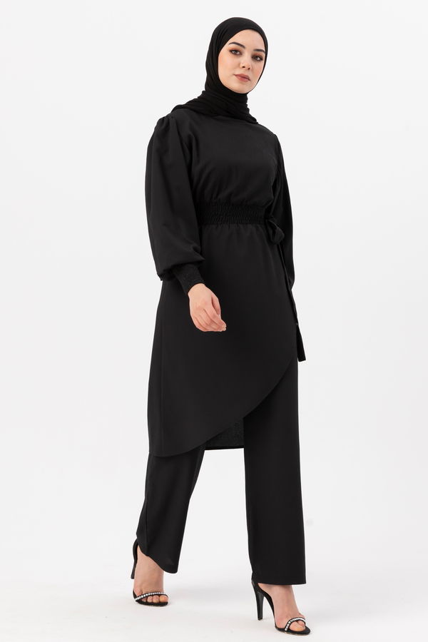 Düz Bisiklet Yaka Kadın Siyah Tunik Pantolon - 3982