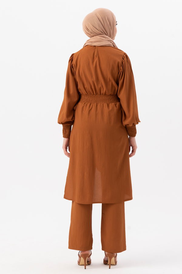 Düz Bisiklet Yaka Kadın Taba Tunik Pantolon - 3982 TABA