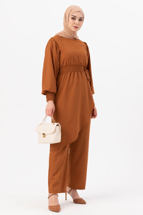 Düz Bisiklet Yaka Kadın Taba Tunik Pantolon - 3982 TABA