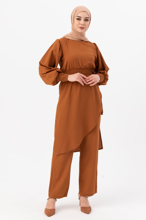 Düz Bisiklet Yaka Kadın Taba Tunik Pantolon - 3982 TABA