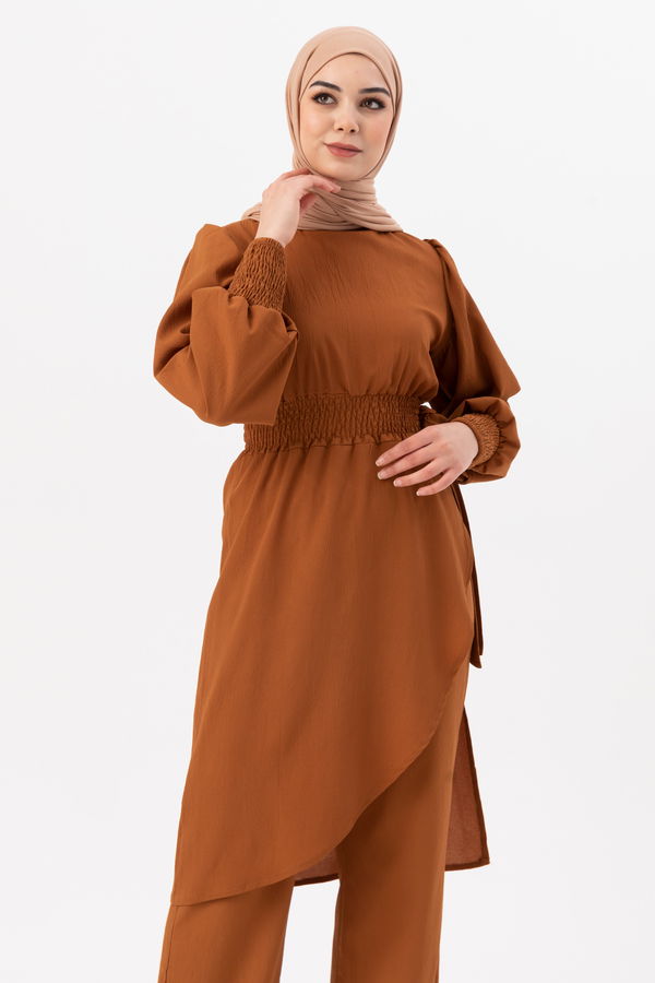 Düz Bisiklet Yaka Kadın Taba Tunik Pantolon - 3982 TABA