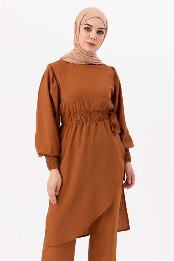 Düz Bisiklet Yaka Kadın Taba Tunik Pantolon - 3982 TABA
