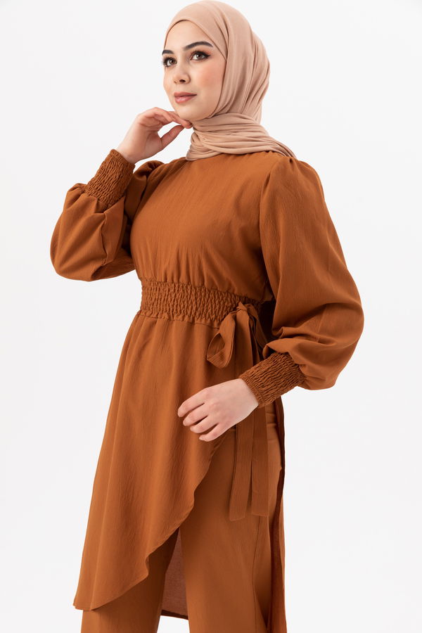 Düz Bisiklet Yaka Kadın Taba Tunik Pantolon - 3982 TABA