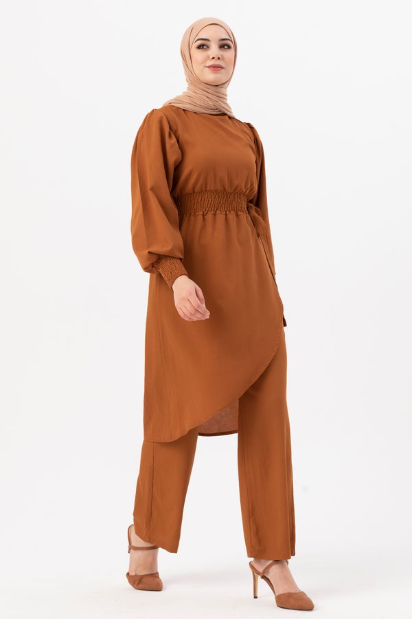 Düz Bisiklet Yaka Kadın Taba Tunik Pantolon - 3982 TABA
