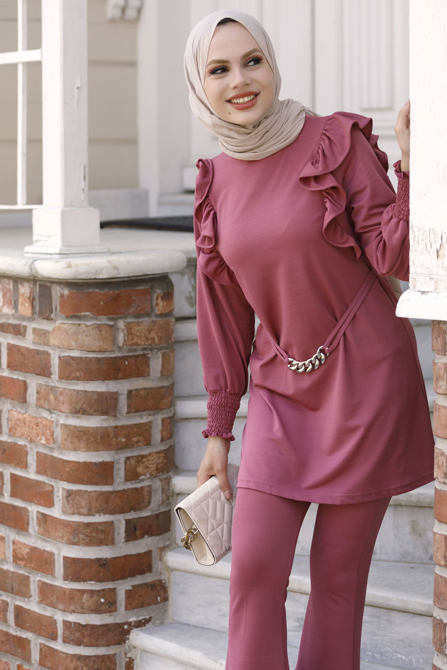 Düz Bisiklet Yaka Kadın Pembe Tunik Pantolon - 3967 PEMBE