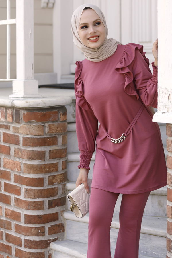 Düz Bisiklet Yaka Kadın Pembe Tunik Pantolon - 3967 PEMBE