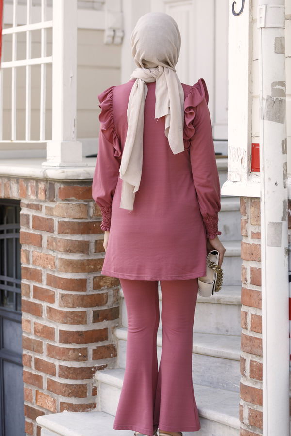 Düz Bisiklet Yaka Kadın Pembe Tunik Pantolon - 3967 PEMBE