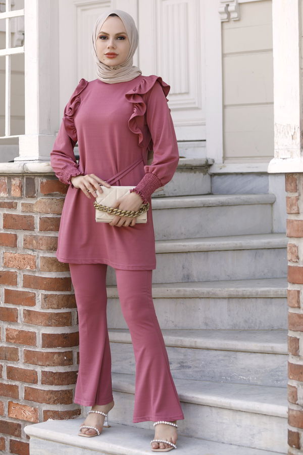 Düz Bisiklet Yaka Kadın Pembe Tunik Pantolon - 3967 PEMBE