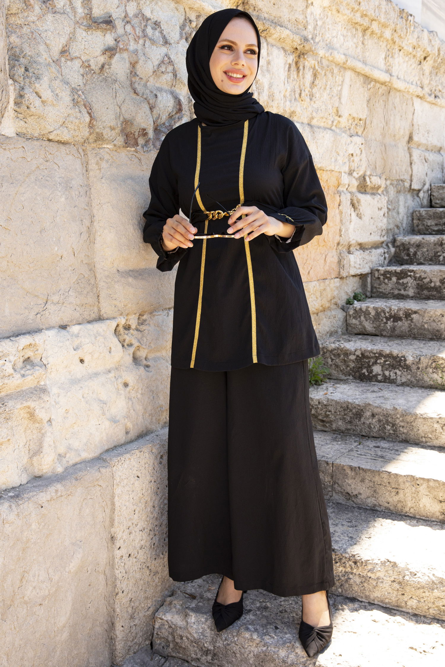 Düz Bisiklet Yaka Kadın Siyah Tunik Pantolon - 3992 SİYAH