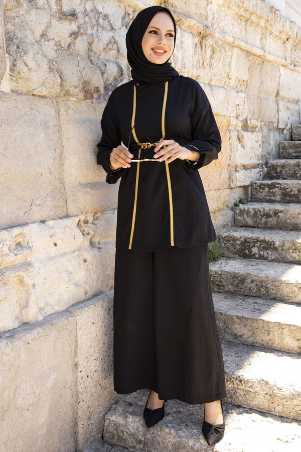 Düz Bisiklet Yaka Kadın Siyah Tunik Pantolon - 3992 SİYAH