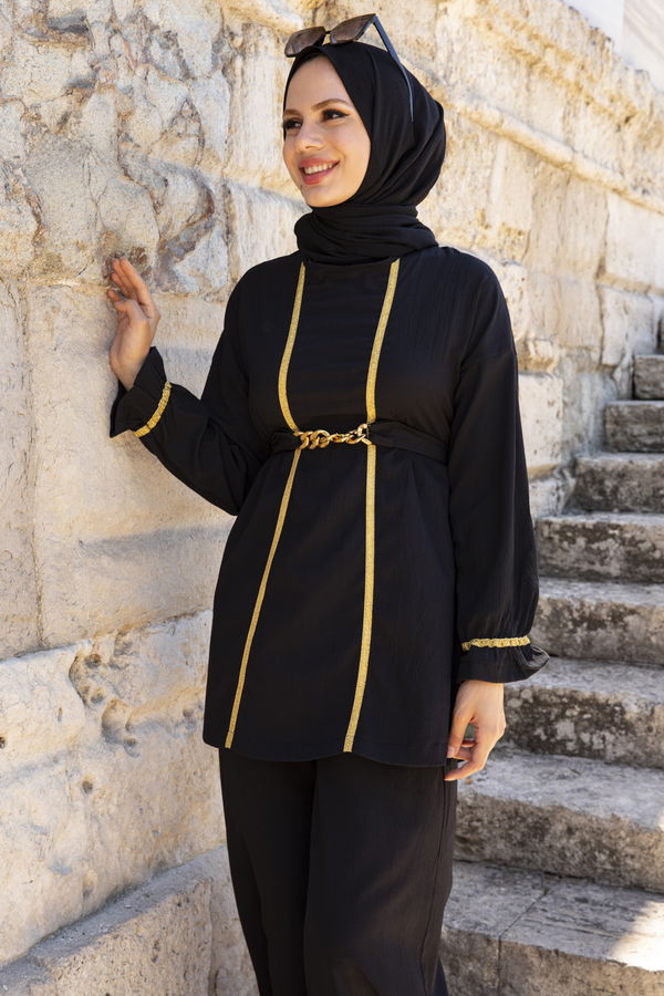 Düz Bisiklet Yaka Kadın Siyah Tunik Pantolon - 3992 SİYAH