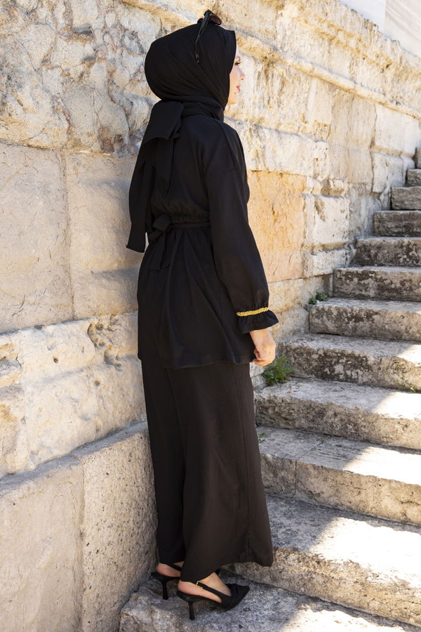 Düz Bisiklet Yaka Kadın Siyah Tunik Pantolon - 3992 SİYAH