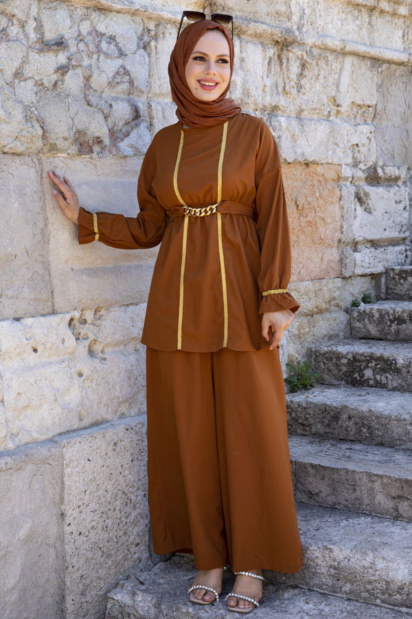 Düz Bisiklet Yaka Kadın Taba Tunik Pantolon - 3992 TABA