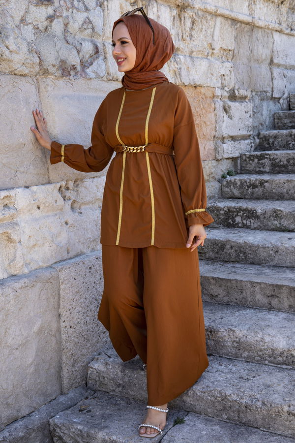 Düz Bisiklet Yaka Kadın Taba Tunik Pantolon - 3992 TABA