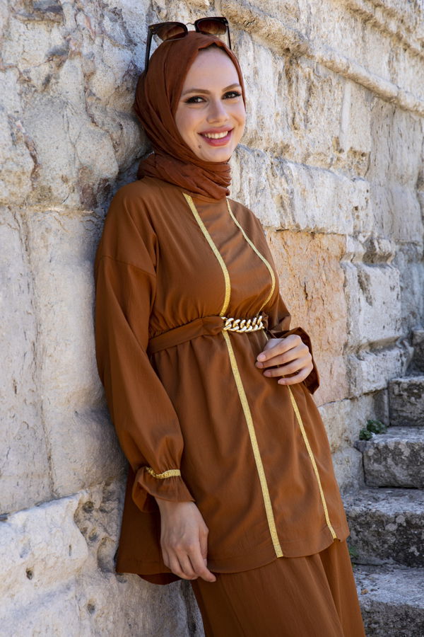 Düz Bisiklet Yaka Kadın Taba Tunik Pantolon - 3992 TABA