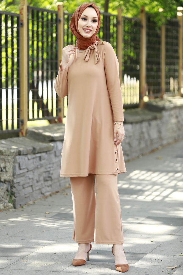 Düz Bisiklet Yaka Kadın Vizon TUNIK PANTOLON - 3758 VİZON